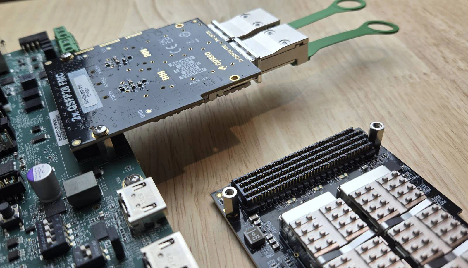 the same setup as above, but giving a better look at the bottom side (solder side) of the FMC
