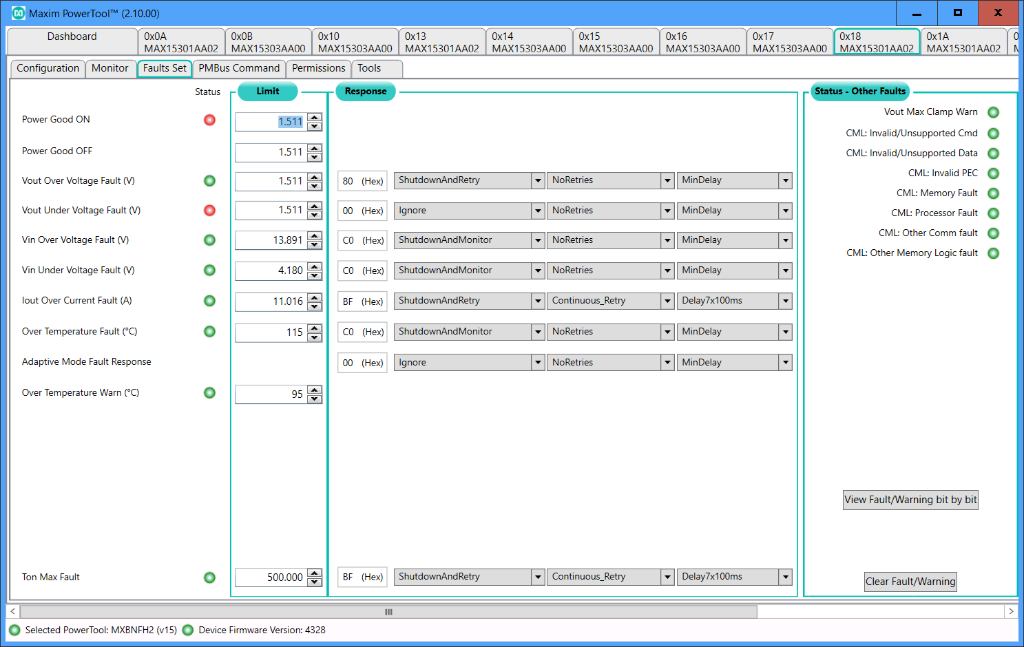 Fault Set tab